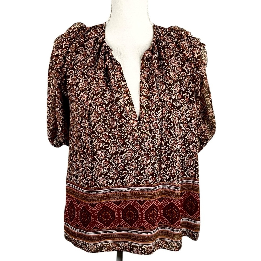 Olivaceous Brown‎ Tan Floral Boho Flowy Keyhole Balloon Sleeve Top Size Small